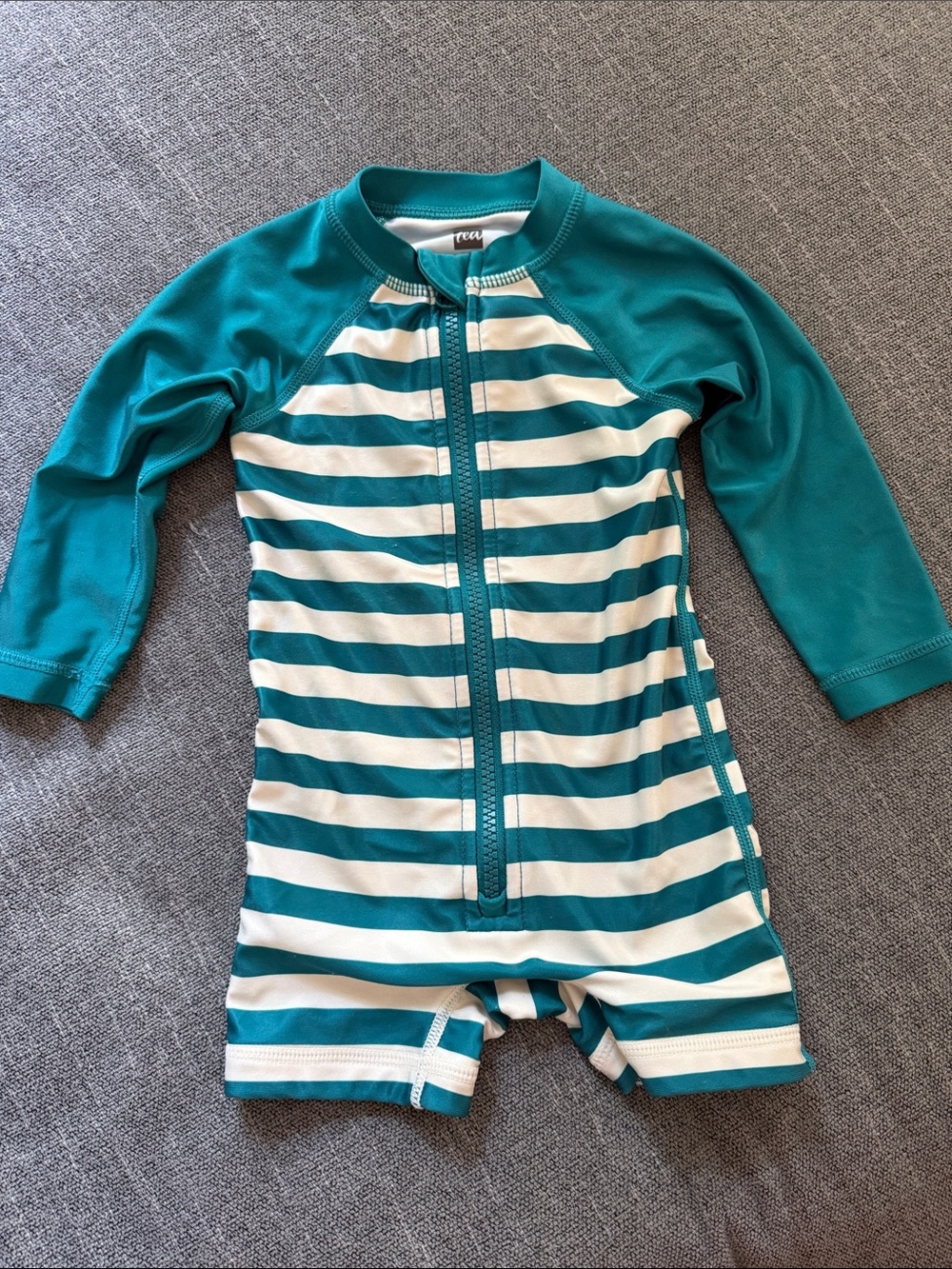 Tea Collection Teal & White Striped Zip Front Kids Rashguard